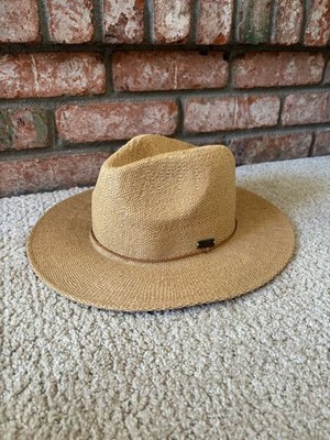 Roxy Woven Straw Panama Style Sun Hat Tan Wide Brim Women's