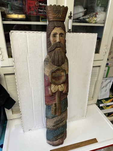 Antique Vintage Folk Art Hand Carved Polychrome Tall Statue King Holding Key - Picture 1 of 15
