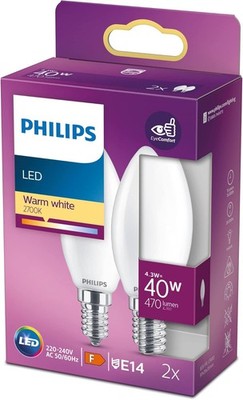 Philips LED Classic E14 Lampe, 40 W, Kerzenform, matt, warmweiß, 2er Pack, Weiß