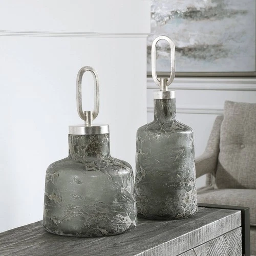 Uttermost Storm Charcoal Taupe Silver Glass Bottles Set of 2 - Picture 1 of 3
