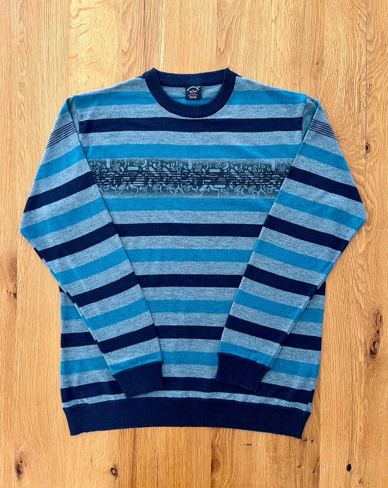 Pull Vintage Paul & Shark rayé bleu et gris - Laine - Taille XXL - Made #2000 - Photo 2/4