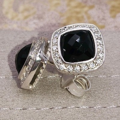 David&Yurman Sterling Silver 925 Onyx Diamond albion Stud Earrings 7mm