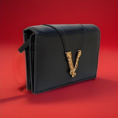 Versace Women's Black 100% Textured Leather Gold V-Logo Compact Wallet