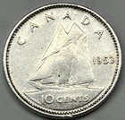 Canada - 1953 Silver 10 Cents - A Crisp Brilliant Example.  Free Shipping !!