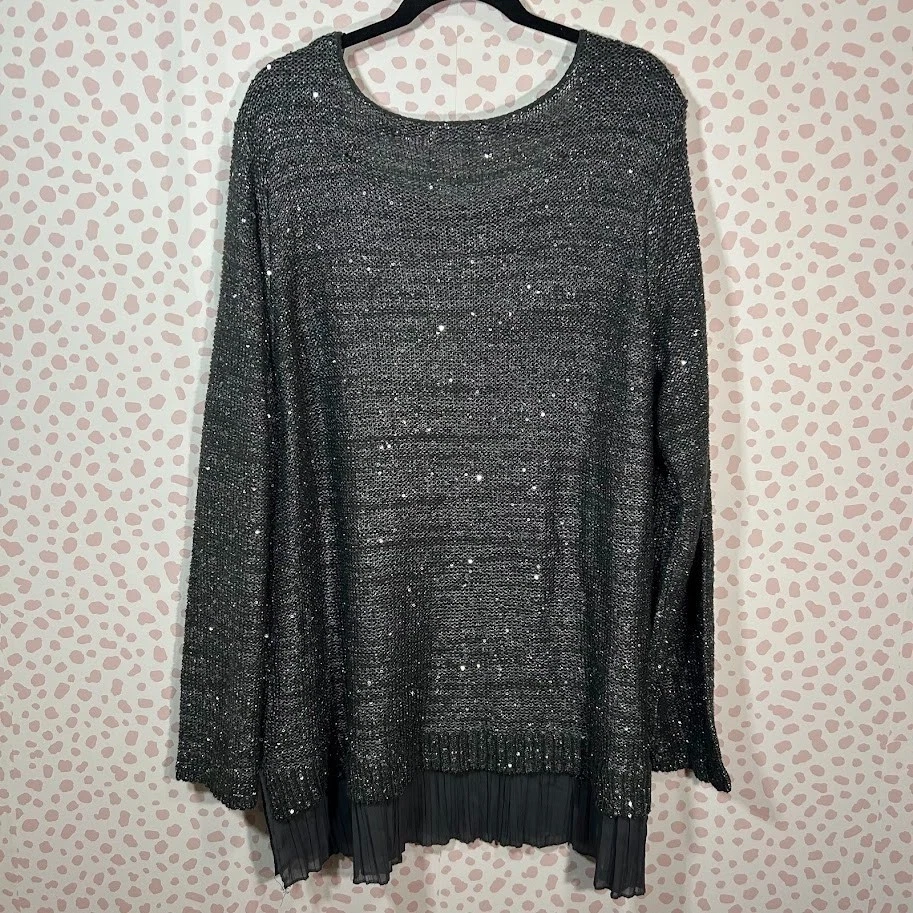 Jaclyn Smith 3X Plus Size Gray Tunic Sequined Sweater Fringe Boho Metallic NWOT - Image 2 of 4