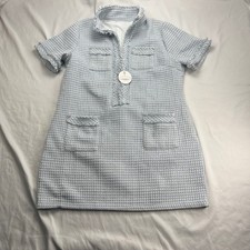 Pehmea Tweed Frayed Edge Mock Neck Blue White Shift Dress