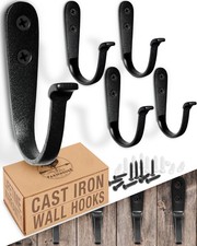 Cast Iron Wall Hooks 5 Pack Handmade Blacksmith - Wall Mounted J Hooks - Fa...