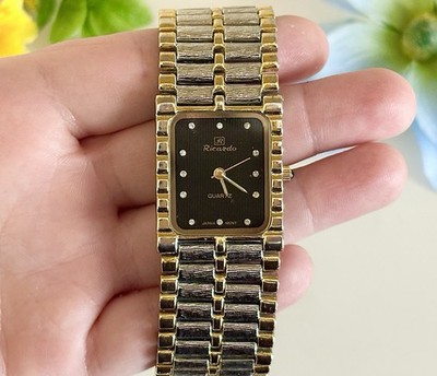 Vintage Mens Ricardo Two-Tone Rectangle Tank Watch Gold/Silver Textured Bracelet