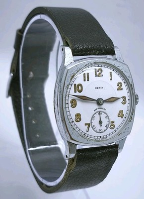 Vintage 1940er Hefik Swiss 16 Jewels Nickel Chrom Art Deco Kissenform Herrenuhr