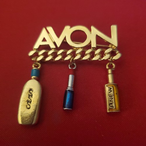 Avon Sales Rep Pin Dangling Gold Tone Charms SSS, Lipstick, Anew Collectible