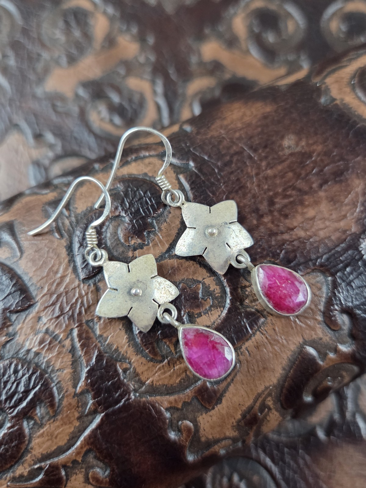 Artisan Handcrafted Ruby Star Teardrop Dangle Ear… - image 1