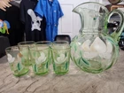 Vintage Fenton Green Uranium Depression Glass Flower Pitcher & 6 Glass Set