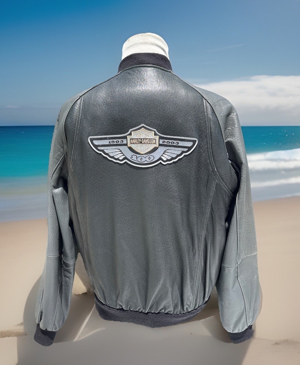 HARLEY-DAVIDSON ボンバージャケット グレー Harley Davidson Men 100th Anniversary Gray Leather Bomber Jacket
