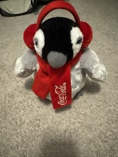 Coca-Cola PENGUIN Plush Bean Bag Beanie Earmuffs And Scarf RARE SAMPLE TAG