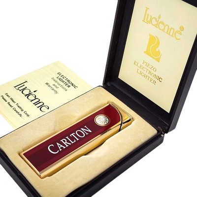 Vtg Lucienne Piezo CARLTON Promo ELECTRONIC Red & Gold LIGHTER w/ Box & Manual