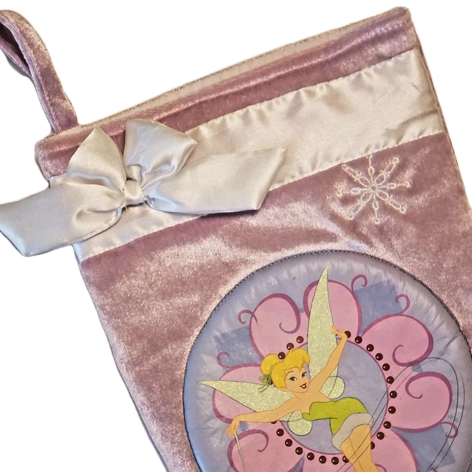 Medias de Navidad Disney Tinker Bell púrpura claro poli terciopelo copos de nieve blancos Foto 3 de 4