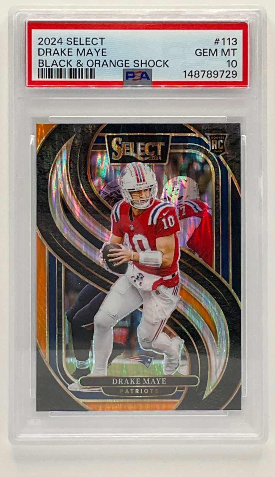 2024 Panini Select Drake Maye Premier Black & Orange Shock Patriots PSA 10