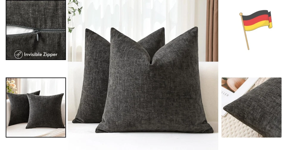 2er Set Chenille Kissenbezüge 40x40cm Dunkelgrau Wohnaccessoire Dekoration - Bild 2 von 4