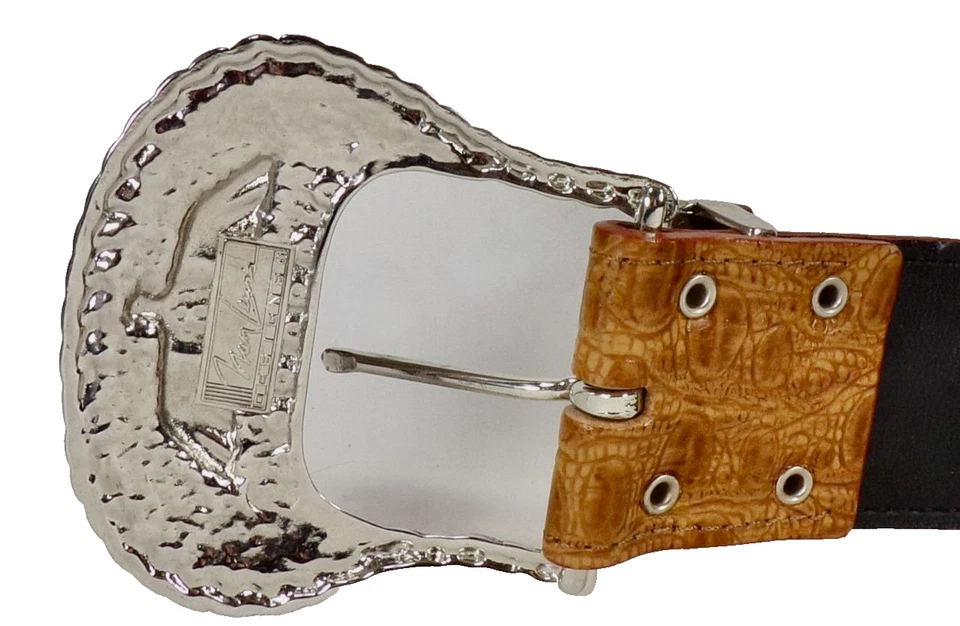 Nan Lewis Women's Belt Size M/L Brown Croc Leather Silvertone Buckle 8 - Image 4 of 4