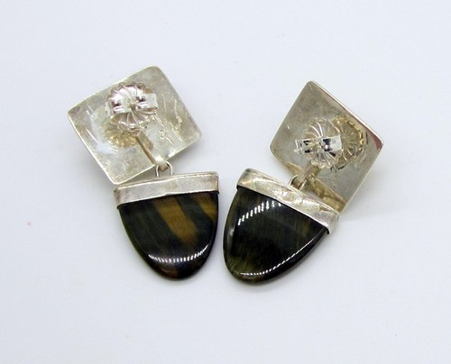 Pendientes colgantes vintage firmados a mano de plata esterlina ojo de tigre cuarzo - Imagen 4 de 4