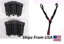 German K98 Triple Ammo Leather Pouch Set Black with Leather Y Strap Suspender