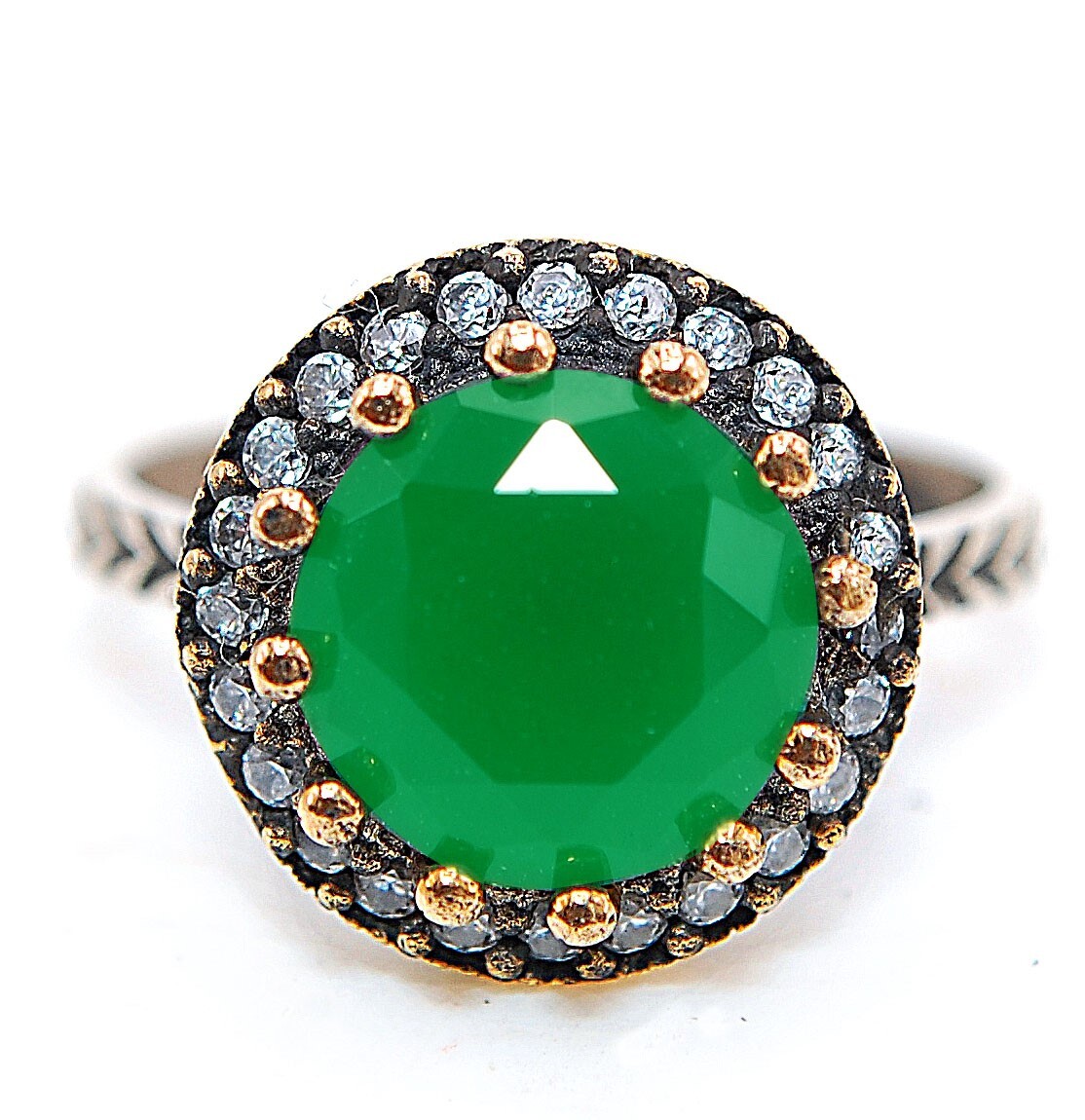 Sterling Silver Size 7.5 Ottoman Empire Style 3CT Treated Emerald Ring HB3-1