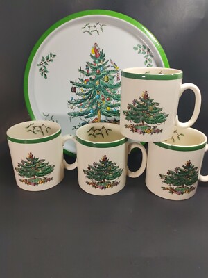 Spode Christmas Tree Set of 4-9oz Coffee Cocoa Cup Mug S3324 With Metal Tray