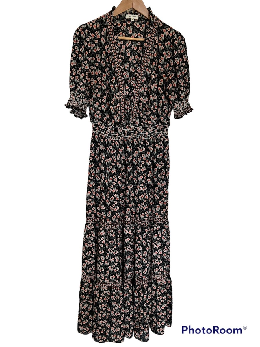 MAX STUDIO Maxi Dress Sz M Floral Tiered Ruffled Collar Boho Fairy Whimsy  Goth