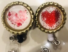 2  TWO GOLD Floral HEART SWIVEL BADGE ID REEL HOLDER ALLIGATOR CLIP NURSE RN