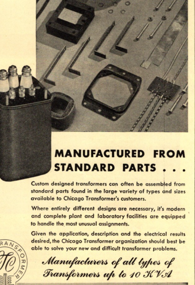 1942 CHICAGO TRANSFORMER CORP. PRINT AD, CHICAGO, WWII ERA ADVERTISING
