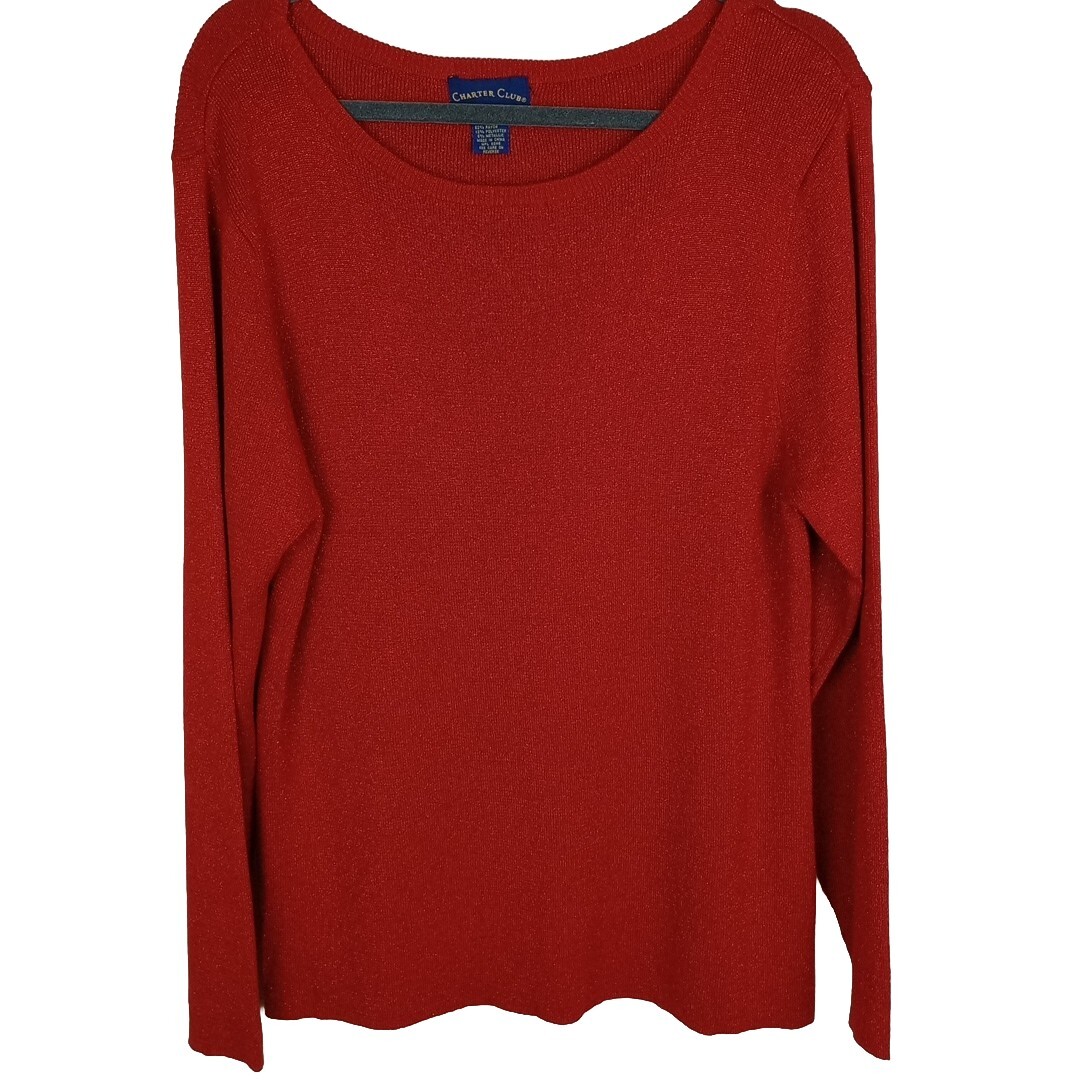トップス n Charter Club Sweater Red Metallic Long Sleeve Knit Pullover Womens