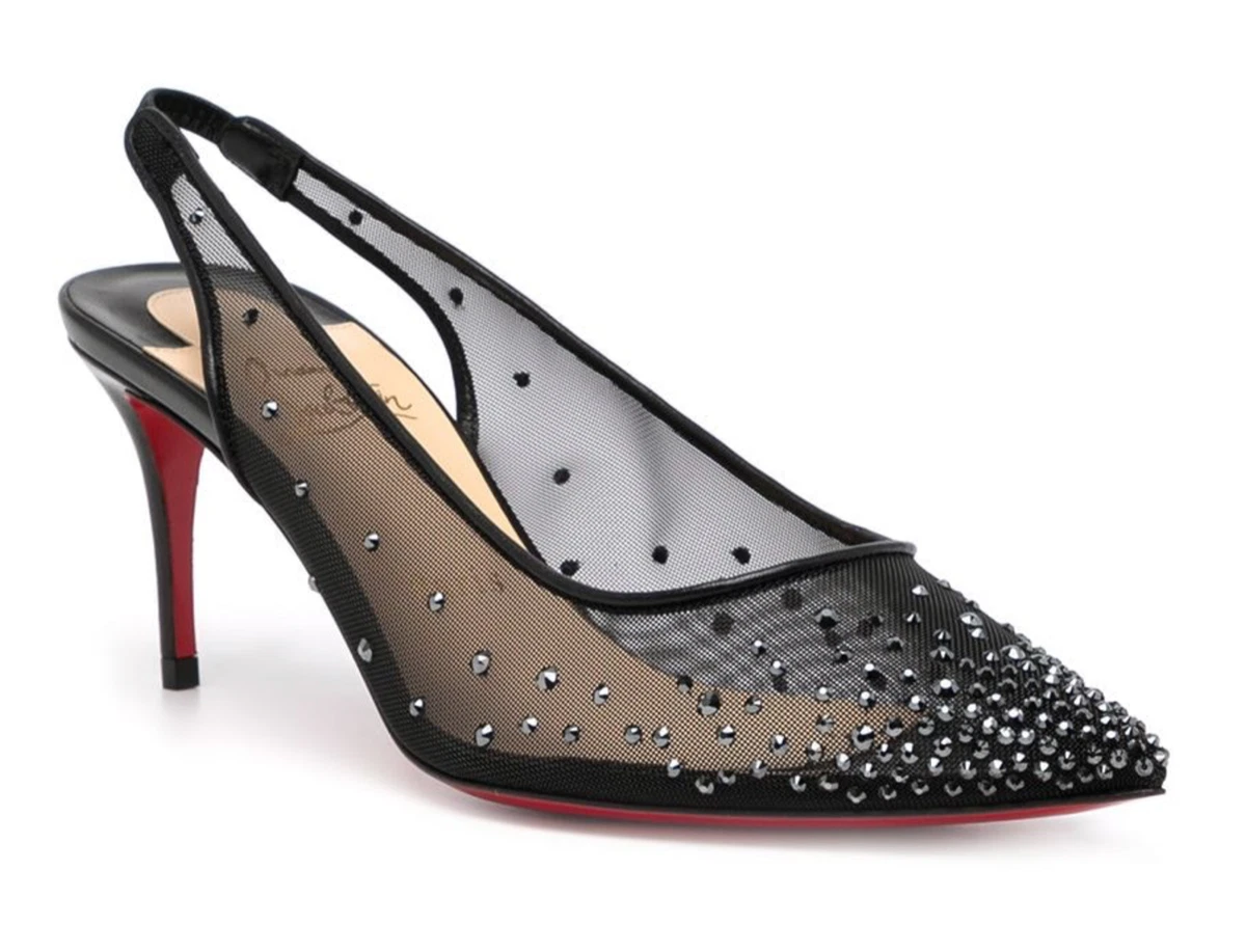 Christian Louboutin Follies Strass Sling 70 Black Leather Mesh