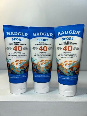 3 Sealed Badger Sport Mineral Reef Friendly Sunscreen SPF 40, 2.9 Oz Each, Sligh