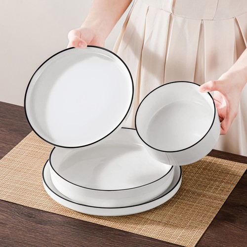 MALACASA 24 Piezas Porcelana Juego de Vajilla Borde Negro Juego de Cuencos y Platos - Imagen 11 de 19