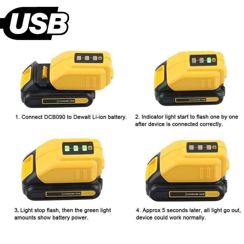 DCB090 Dual USB Charger Adapter For DeWalt 12V-20V Li-ion Battey Power Source