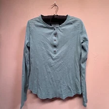 Seg'ments Women Henley Shirt Long Sleeve Top Lace Shoulder Green Pullover Medium