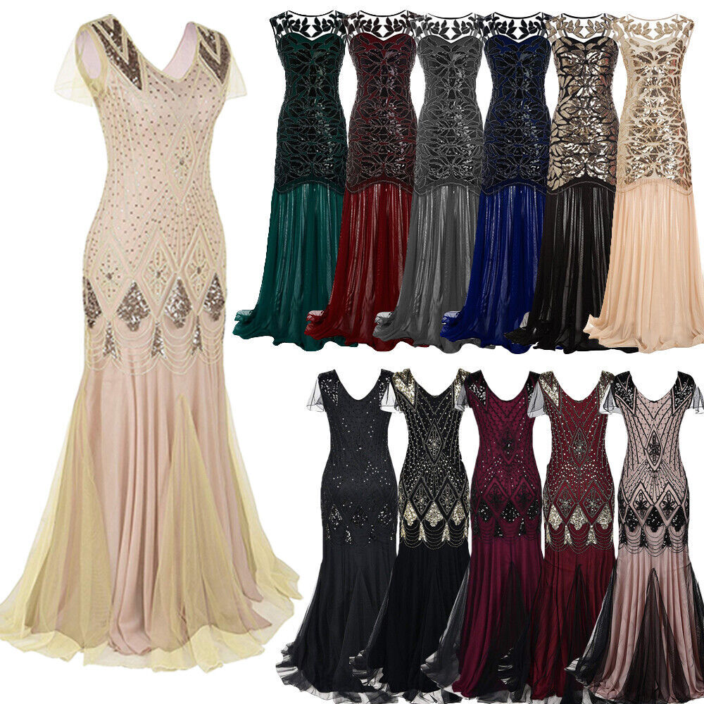 1920s Sequin Gatsby Flapper Long Dress  Mermaid Evening Gown Black / M