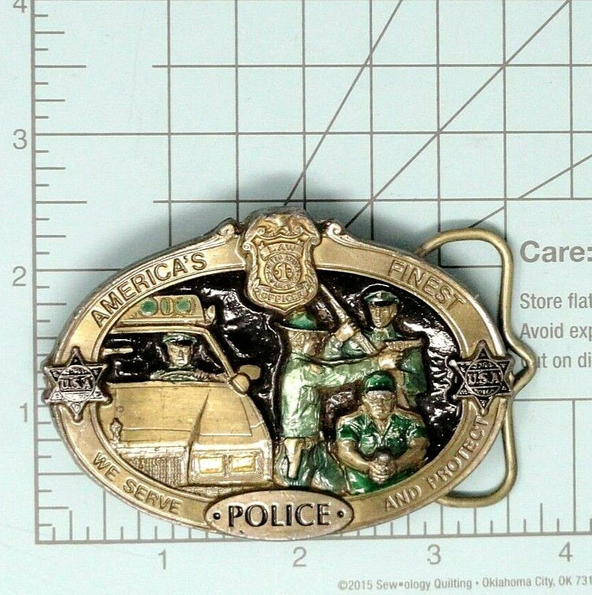 Police Belt Buckle Americas Finest Serve Protect Badge Vtg 80s CJ Inc      .B138