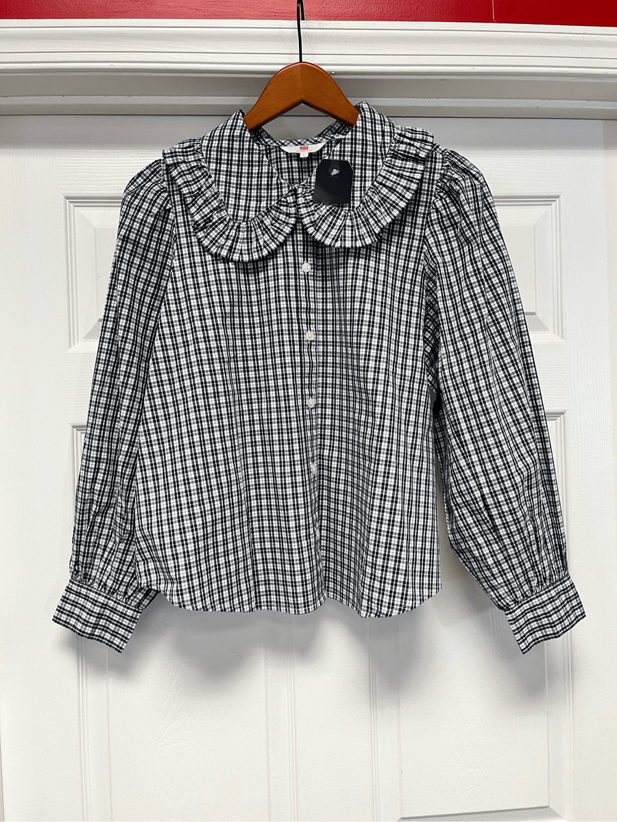 Levi’s Emilie Blue White Plaid Ruffle Collar Western Modest Button Down  Blouse