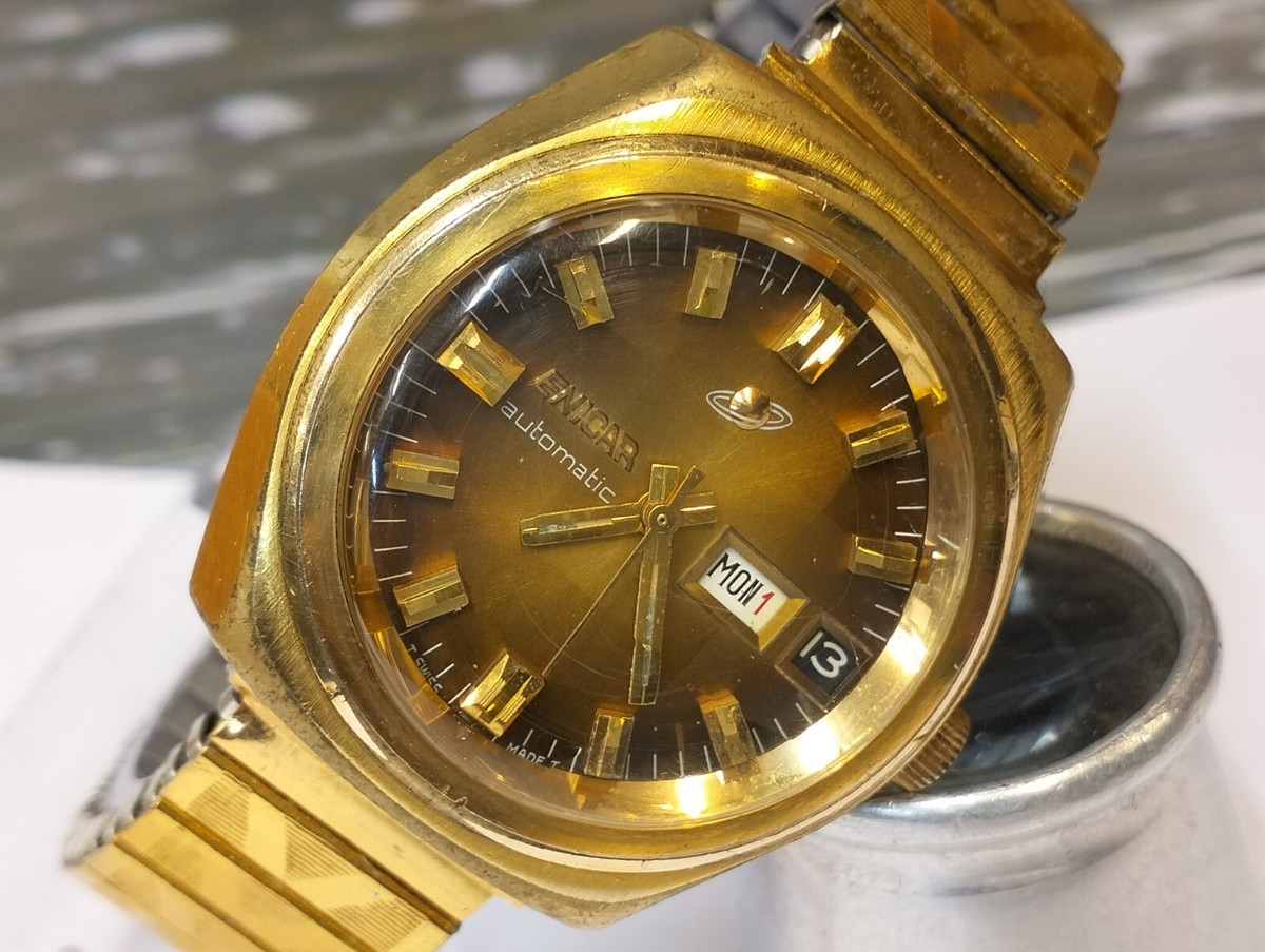 ENICAR AUTOMATIC BROWN & GOLDEN DIAL 167-12-08 SWISS MEN'S FULL
