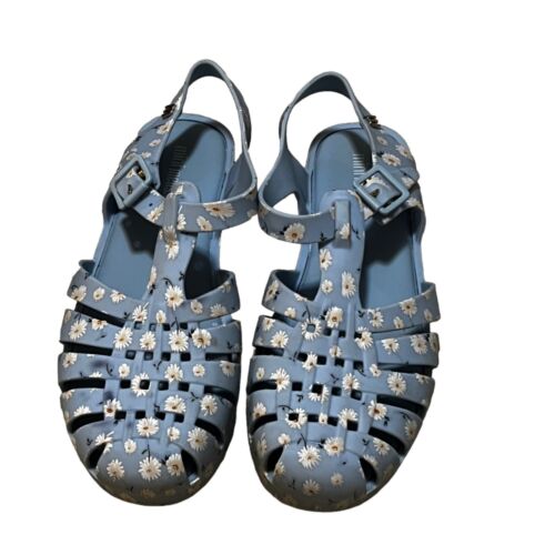 Mini Melissa blau mit weißen Gänseblümchen Mädchen Sandalen Schuhe Gr. 2 Big Kid Jugend - Bild 1 von 6