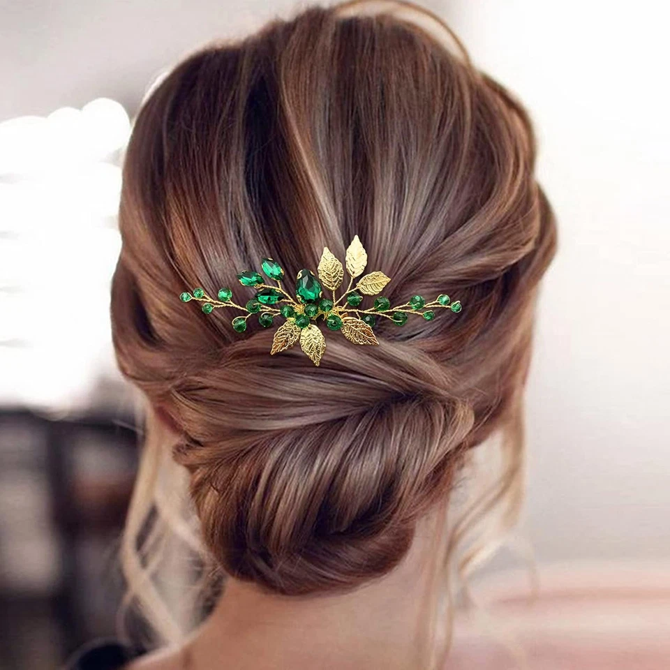 BETITETO Bridal Hair Comb Emerald Green Crystal Gold Leaf Vine Hair Piece Access - Image 2 of 4