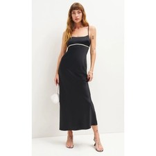 Reformation Black 100% Silk Maxi Dress Cream Trim Spaghetti Strap RN143248