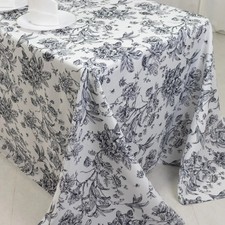 WHITE BLACK 90" x 132" French Toile Pattern Polyester Rectangular Tablecloth