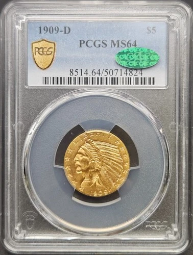 1909 D $5 Indian Head Gold Half Eagle PCGS MS 64 CAC, Rare Find!