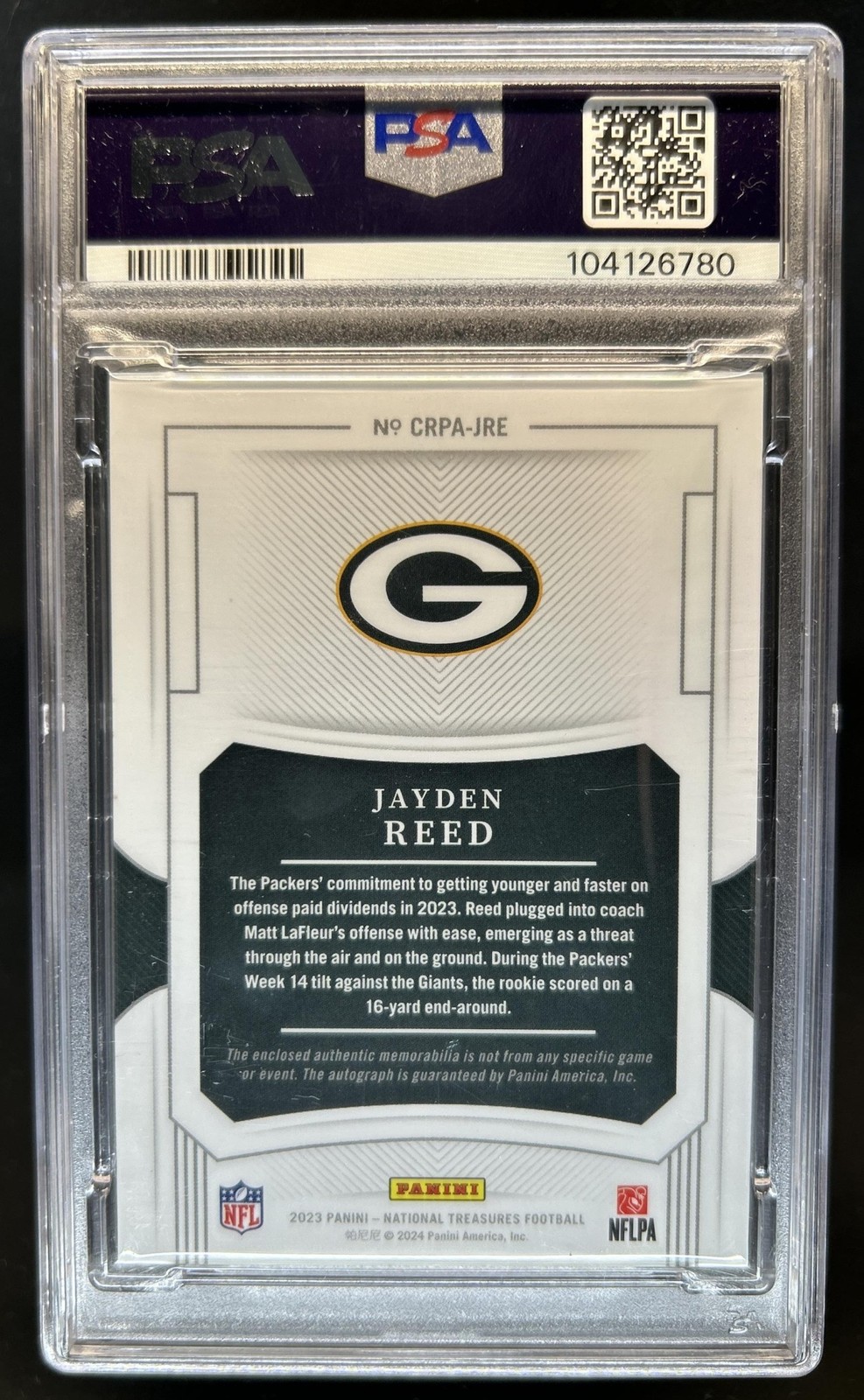 2023 National Treasures Jayden Reed Crossover Rookie Patch Auto Gold #/10 PSA 8 view 2