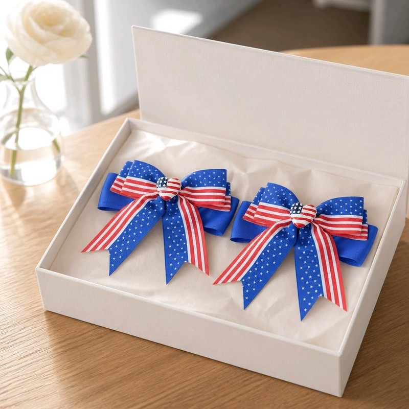 Patriotic American Flag Hair Bows Set of 2 Red White & Blue July 4th Pigtail Bow