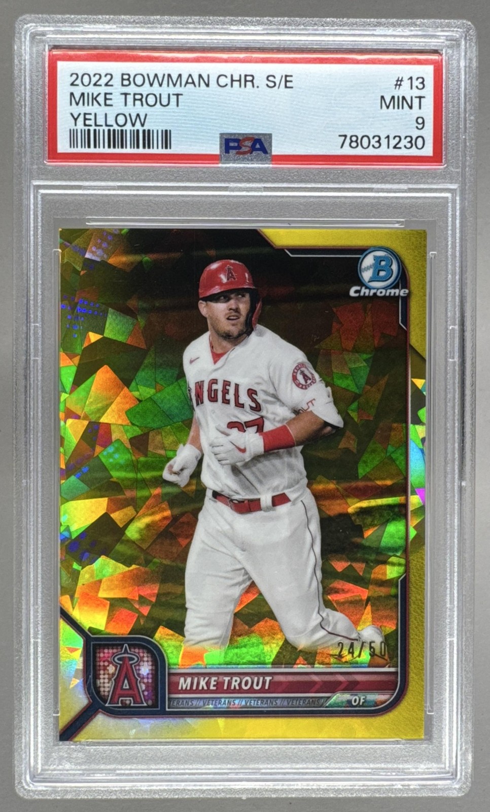 78031230 Mike Trout 2022 Bowman Chrome Sapphire #13 Yellow /50 PSA 9