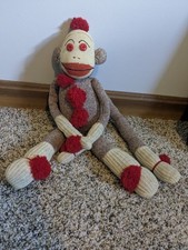 Vintage Sock Monkey Classic Brown  White Knit Body Red Lips 16" Tall 1950's