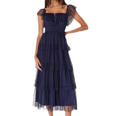 Lulus Tier I Come Tulle Square Neck Keyhole Tiered Navy Blue Midi Dress Women XL